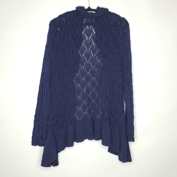 Plus Size 2X Long Sleeve Ruffle Trim Open Front Cardigan Navy Sweater Romantic - Picture 4 of 11